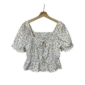 Paper Crane Women Babydoll Top M Floral Puff Sleeve‎ Smock Crop Tie Ruffle White